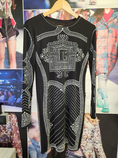 Rivet Buttons Rhinestone Black & Golden Dress Dress