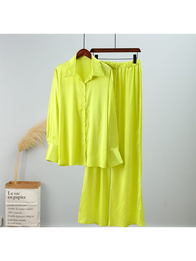 Yellow Satin Shirt & Pants Coord Set