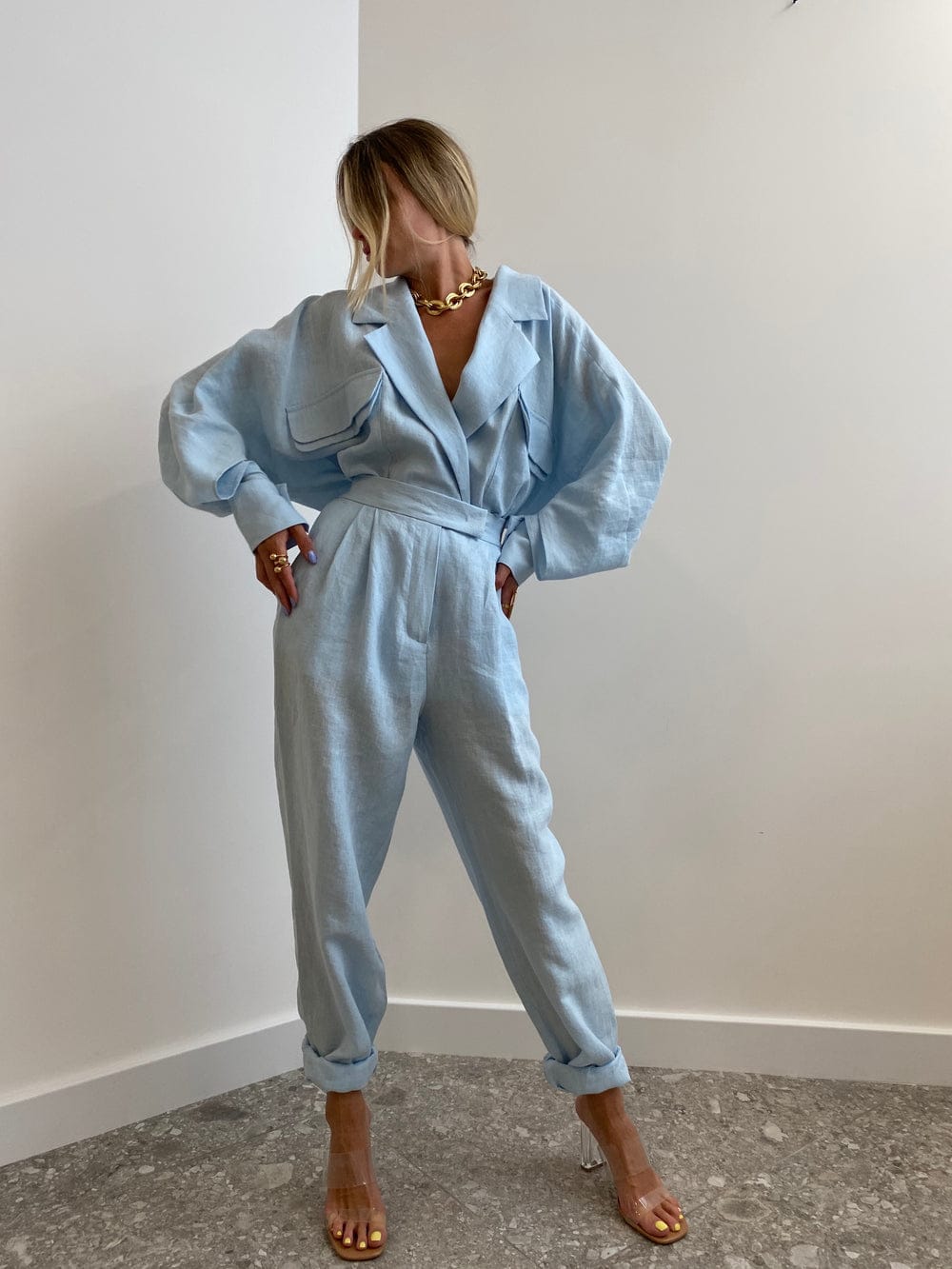 Blue Oversized Fit Linen Blazer Pattern Shirt & Pants Coord Set