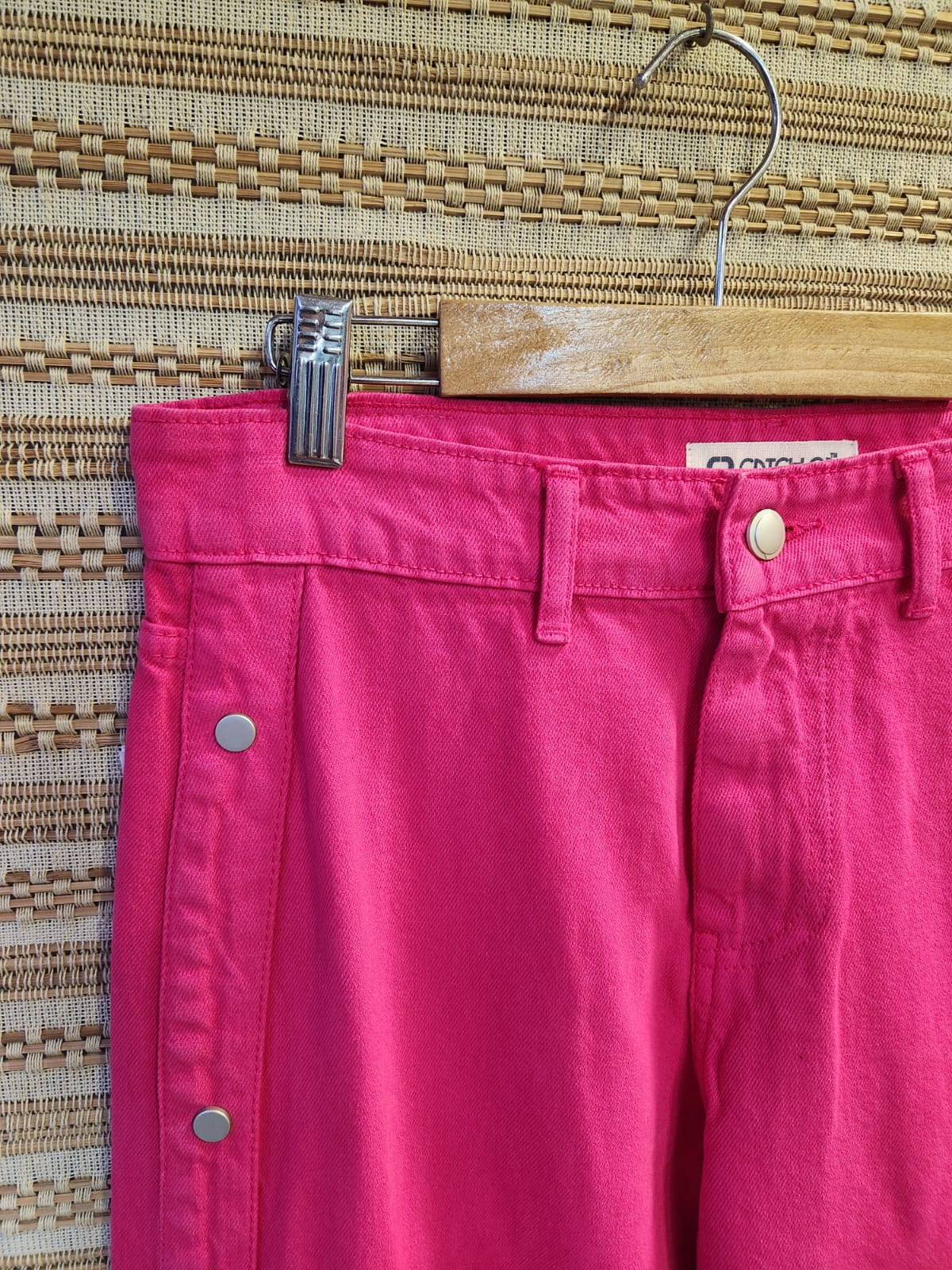Fuchsia Pink High Waist WIde Leg Denim Button Pants
