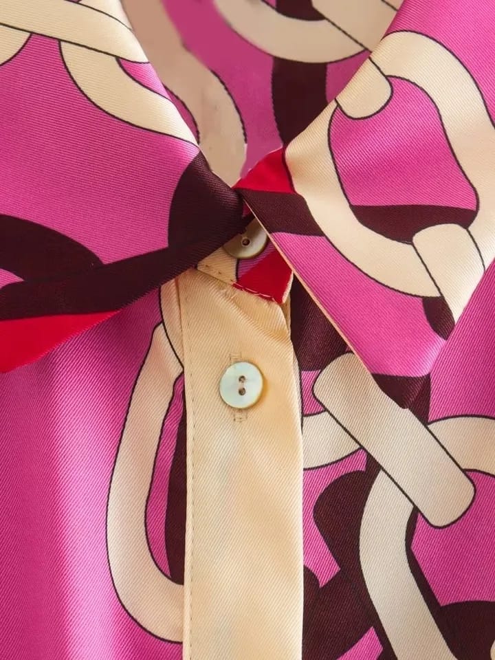 Pink Chain Print Satin Shirt