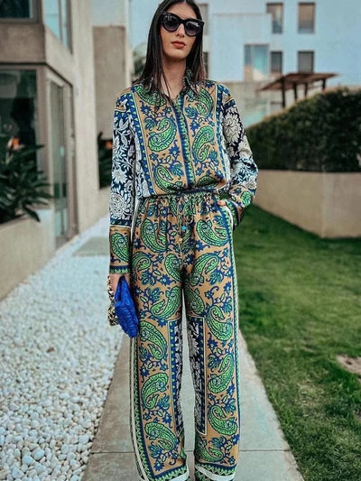 Green Floral Print Soft Satin Shirt & Pants Co-ord Set