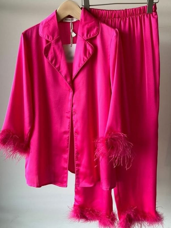 Pink Feather Sleeve Blazer & Feather Pants Coord Set