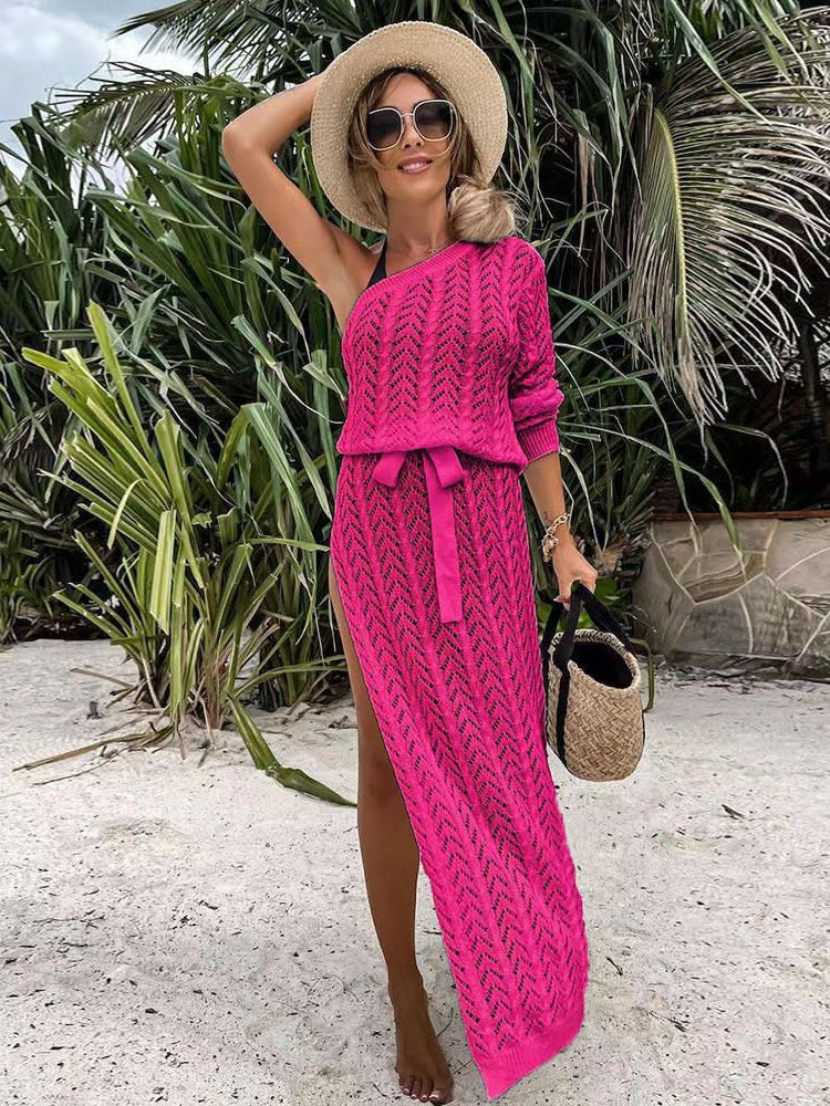 One Shoulder Crochet Beachwear Dress with Belt
