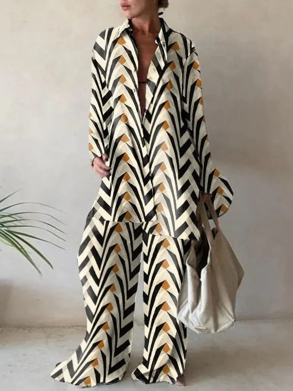 Geometric Print Loose Shirt & Loose Pants Coord Set