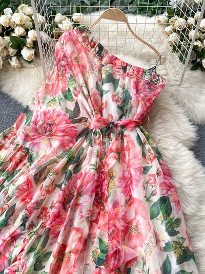 Floral Print One Shoulder Ruffles Maxi Dress