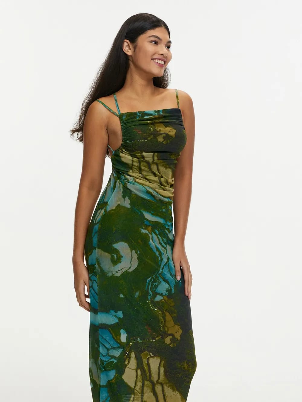 Floral Print Backless Ruched Tulle Dress