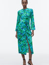 Green Floral Print Ruched Dress