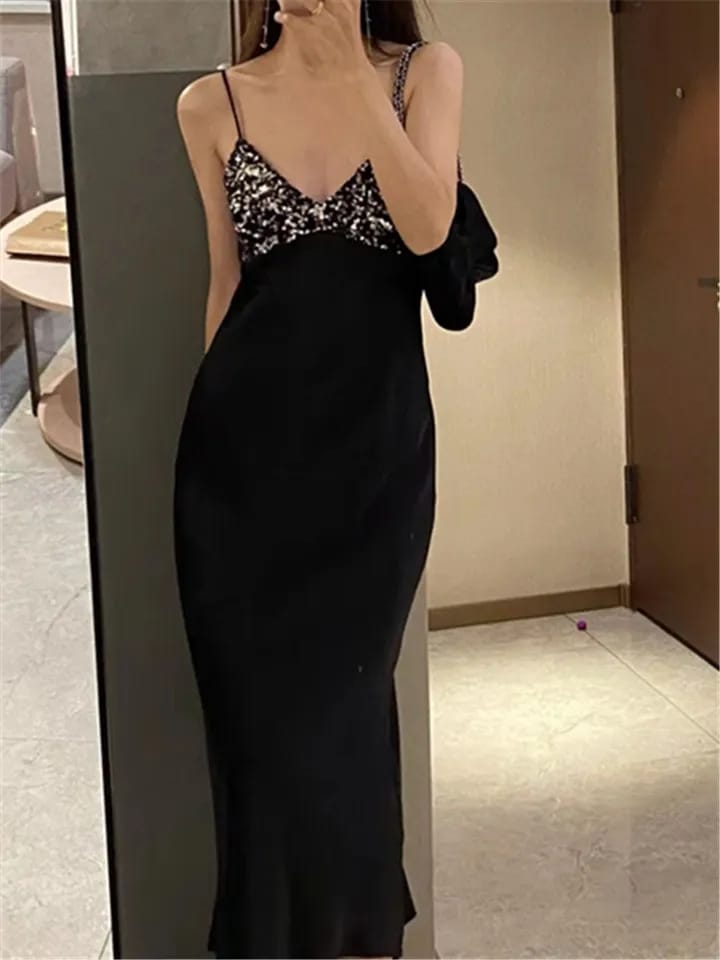 Spaghetti Strap Sequins Satin Maxi Dress