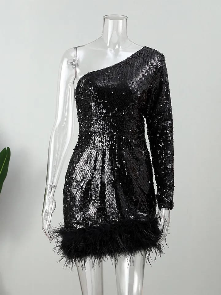 One Shoulder Sequins Feather Fur Dress