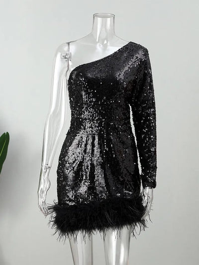 One Shoulder Sequins Feather Fur Dress