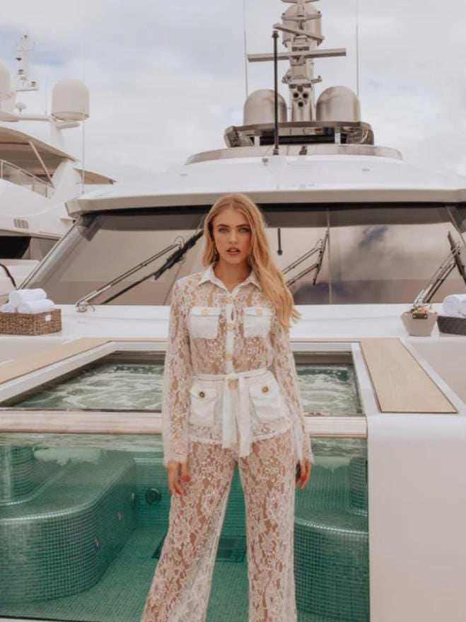 Lace Pocket Shirt & Wide Leg Pants Coord Set with Belt