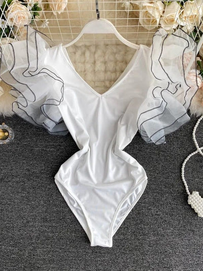 Mesh Shoulder V Neck Bodysuit Top