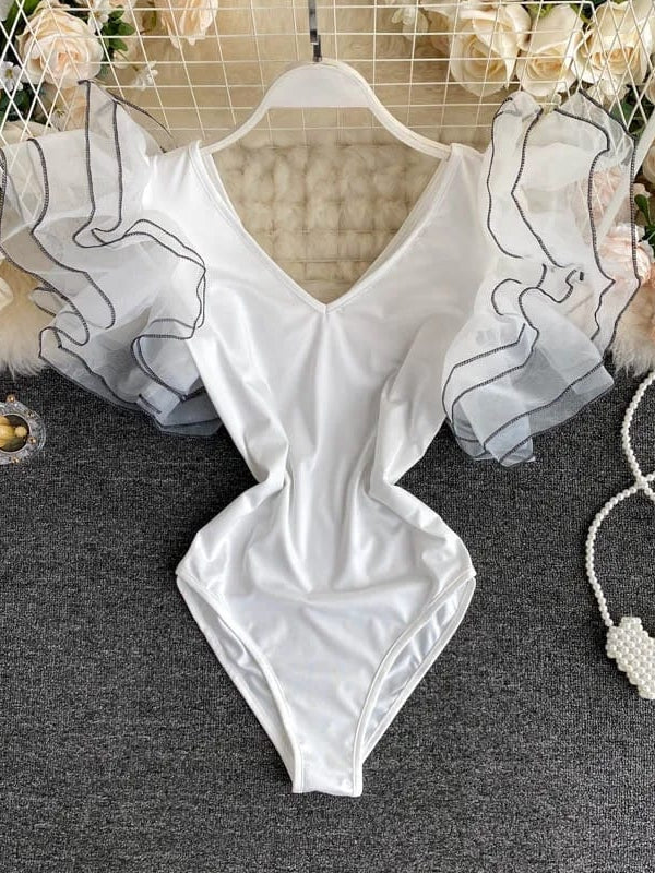 Mesh Shoulder V Neck Bodysuit Top