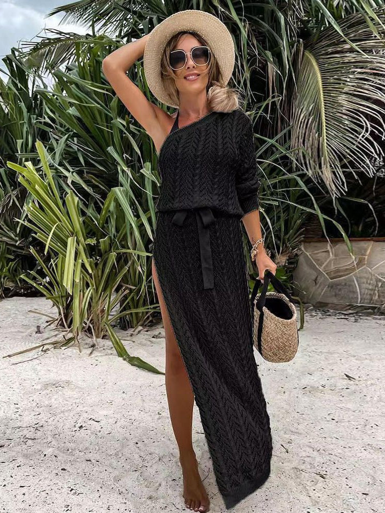 One Shoulder Crochet Beachwear Dress with Belt