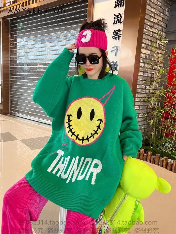 Cartoon Print Oversized Long Sweater - Winter