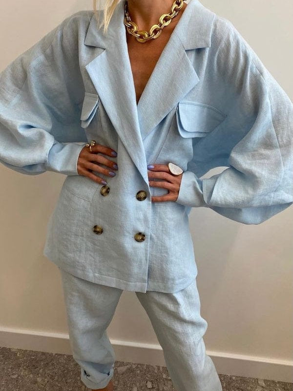 Blue Oversized Fit Linen Blazer Pattern Shirt & Pants Coord Set