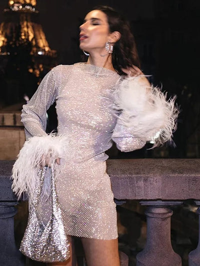 Rhinestone Feather Fur Sleeves Dress