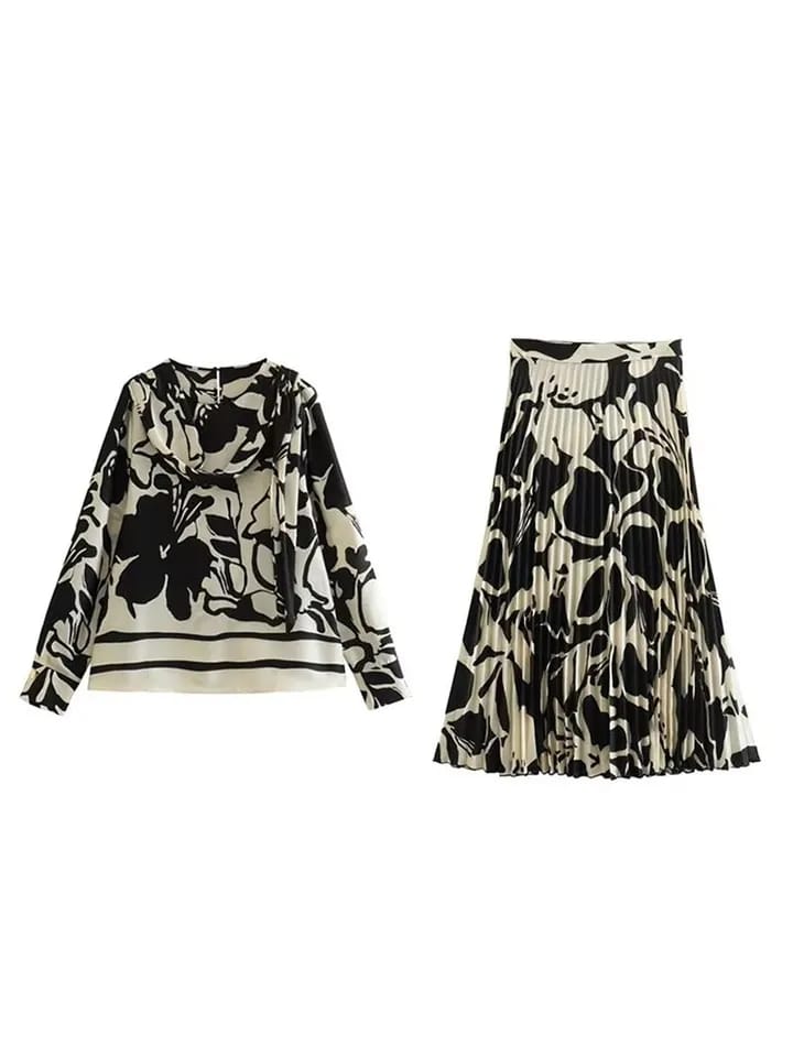 Black Floral Print Top & Skirts Coord Set