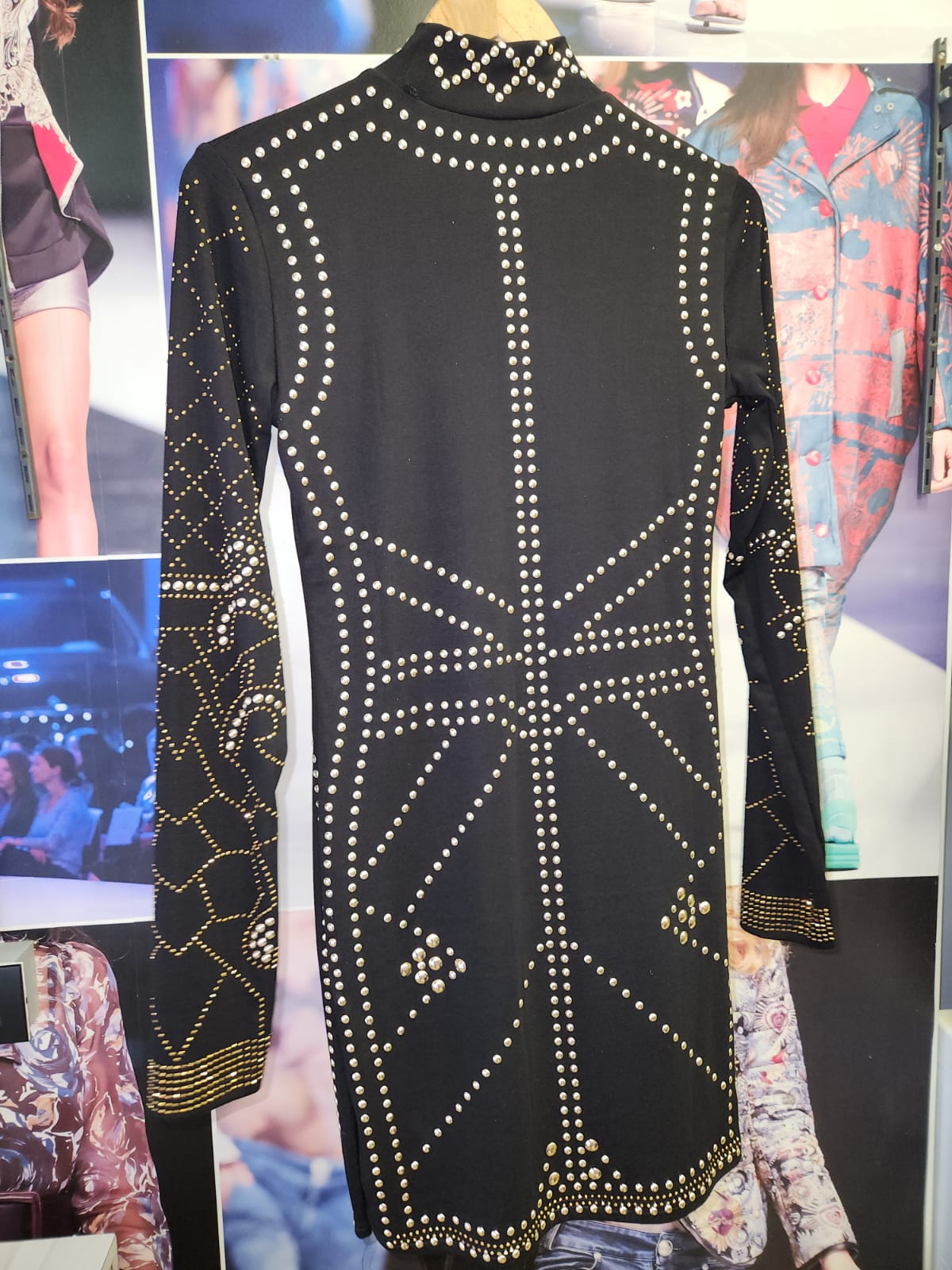 Rivet Buttons Rhinestone Black & Golden Dress Dress