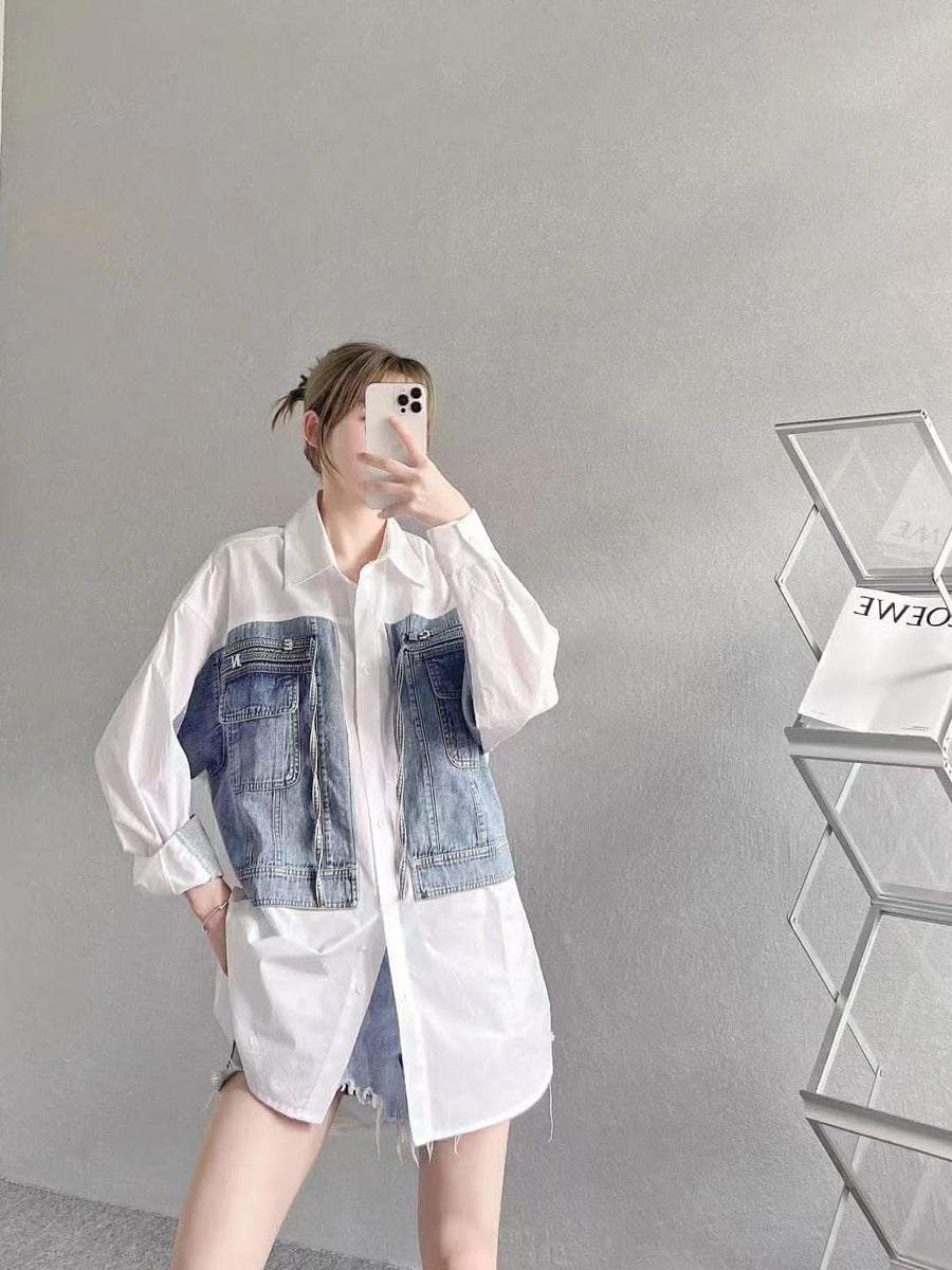 Denim Patch Cotton Shirt Dress