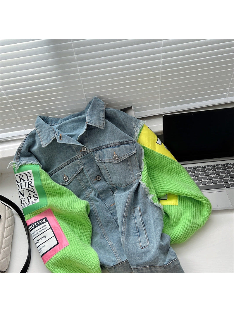 Patch Denim Jacket with Woolen Sleeves