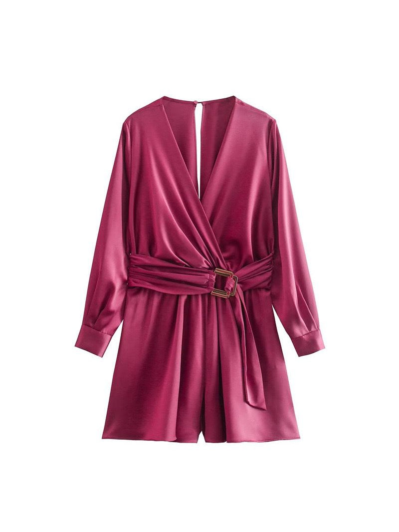 Satin Romper Wrap Dress with Belt