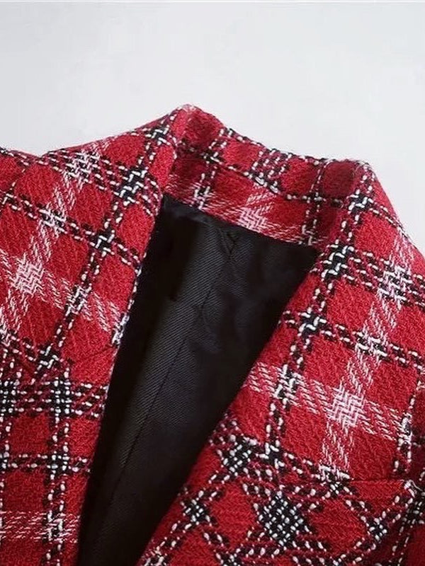 Red Plaid Textured Tweed Blazer