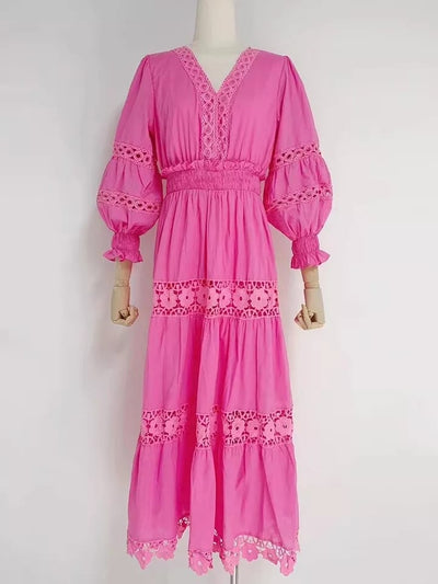 Lantern Sleeves Patchwork Lace Maxi Dress