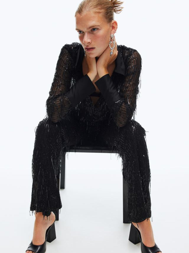 Tassel Mesh Sequins Shirt & Pants Coord Set