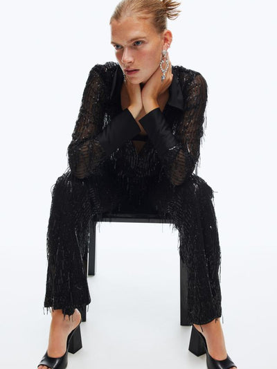 Tassel Mesh Sequins Shirt & Pants Coord Set
