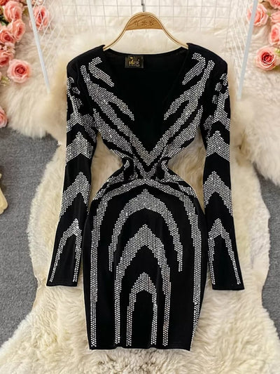 Rhinestone V Neck Dress with Mesh Sleeves