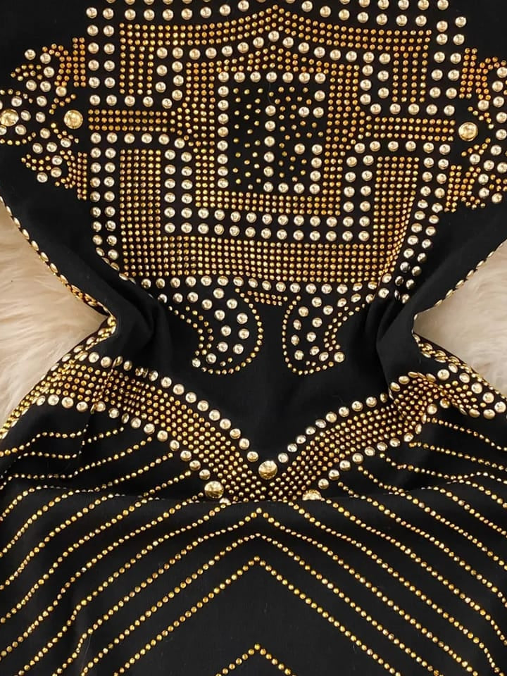 Rivet Buttons Rhinestone Black & Golden Dress Dress