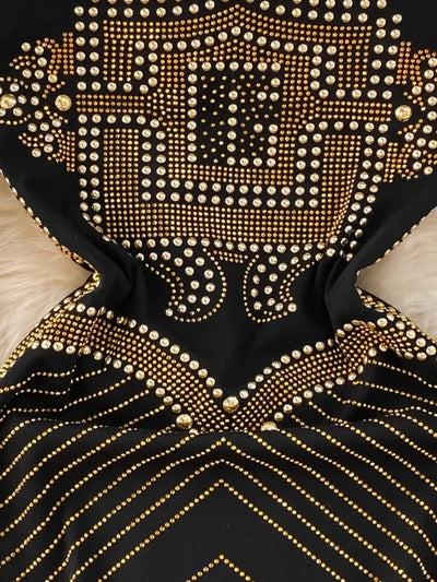 Rivet Buttons Rhinestone Black & Golden Dress Dress