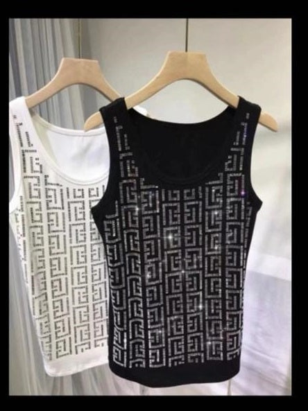 Black Sleeveless Mirror Rhinestone Top