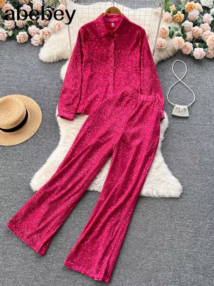 Sequins Shirt & Pants Coord Set
