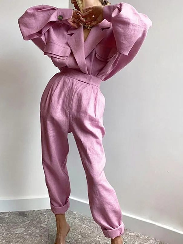 Pink Oversized Fit Linen Blazer Pattern Shirt & Pants Coord Set