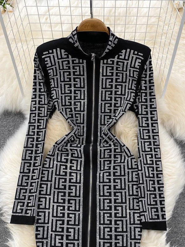 Print Rhinestone Chain Dress