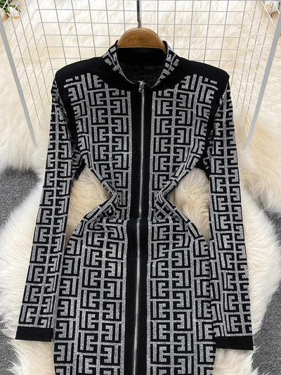 Print Rhinestone Chain Dress