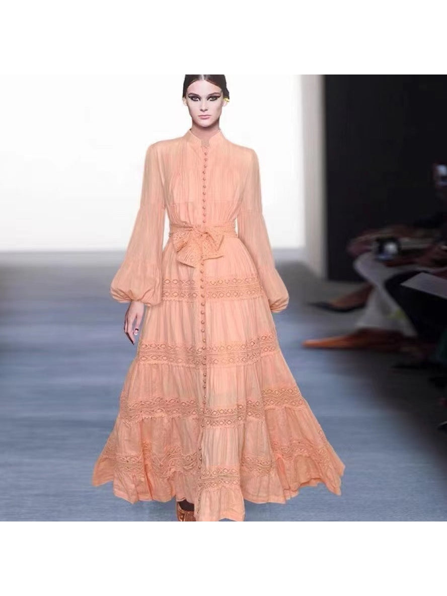 Lantern Sleeves Patchwork Lace Maxi Dress