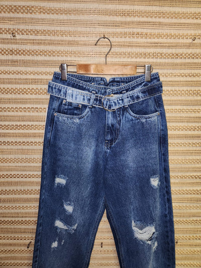 Blue Belted High Waist Denim Pants