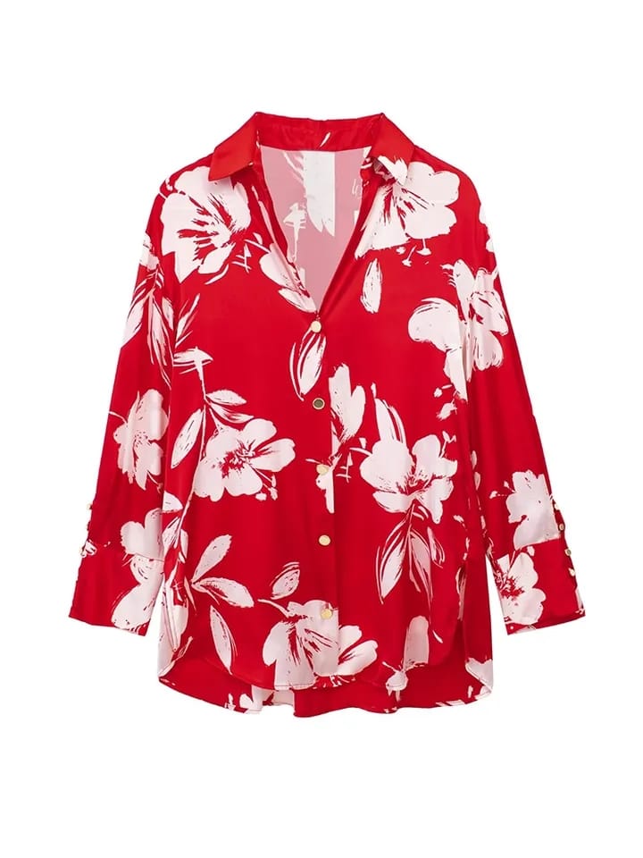 Red Floral Print Satin Shirt