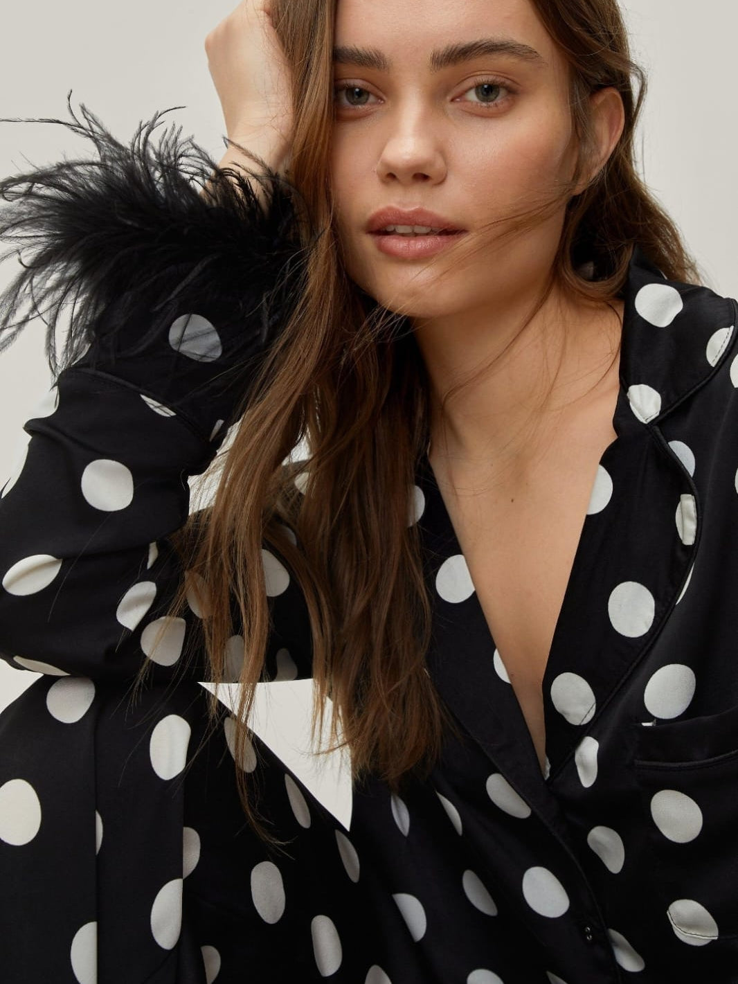 Polka Dot Feather Sleeves & Feather Pants Coord Set