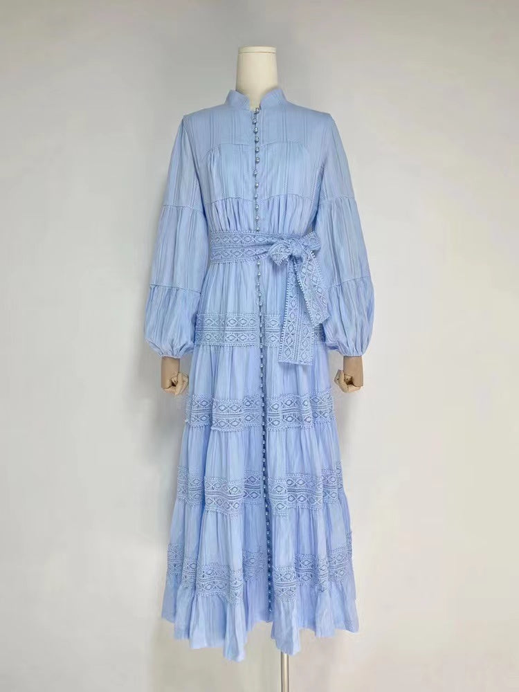 Lantern Sleeves Patchwork Lace Maxi Dress