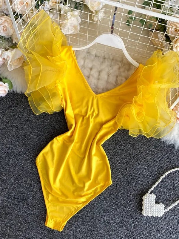 Mesh Shoulder V Neck Bodysuit Top