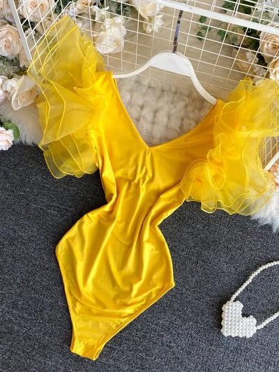 Mesh Shoulder V Neck Bodysuit Top