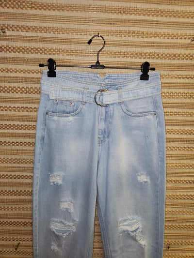 Blue Belted High Waist Denim Pants