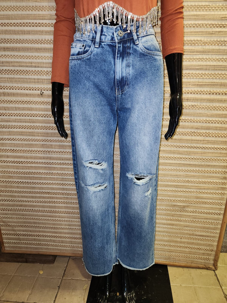 Blue High Waist Wide Leg Distressed Denim Pants