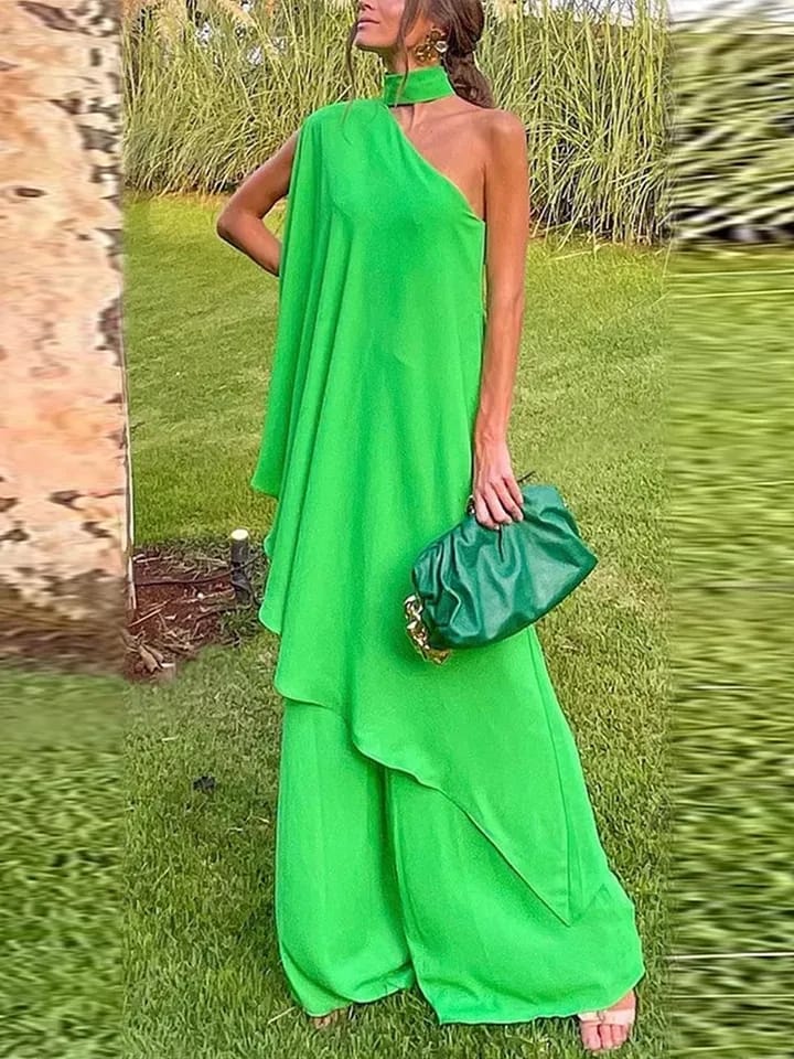 Green One Shoulder Oversized Fit Top & Loose Pants Coord Set