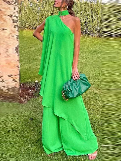 Green One Shoulder Oversized Fit Top & Loose Pants Coord Set
